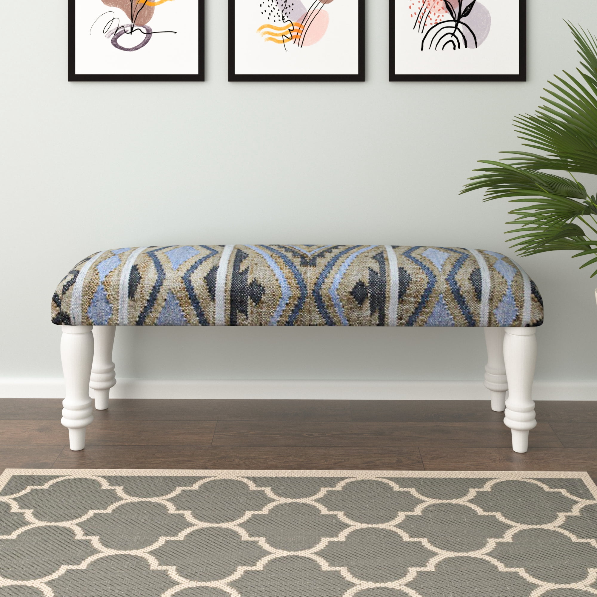 LR Home Contemporary Farmhouse Upholstered Indoor Accent Bench, Tan/Blue