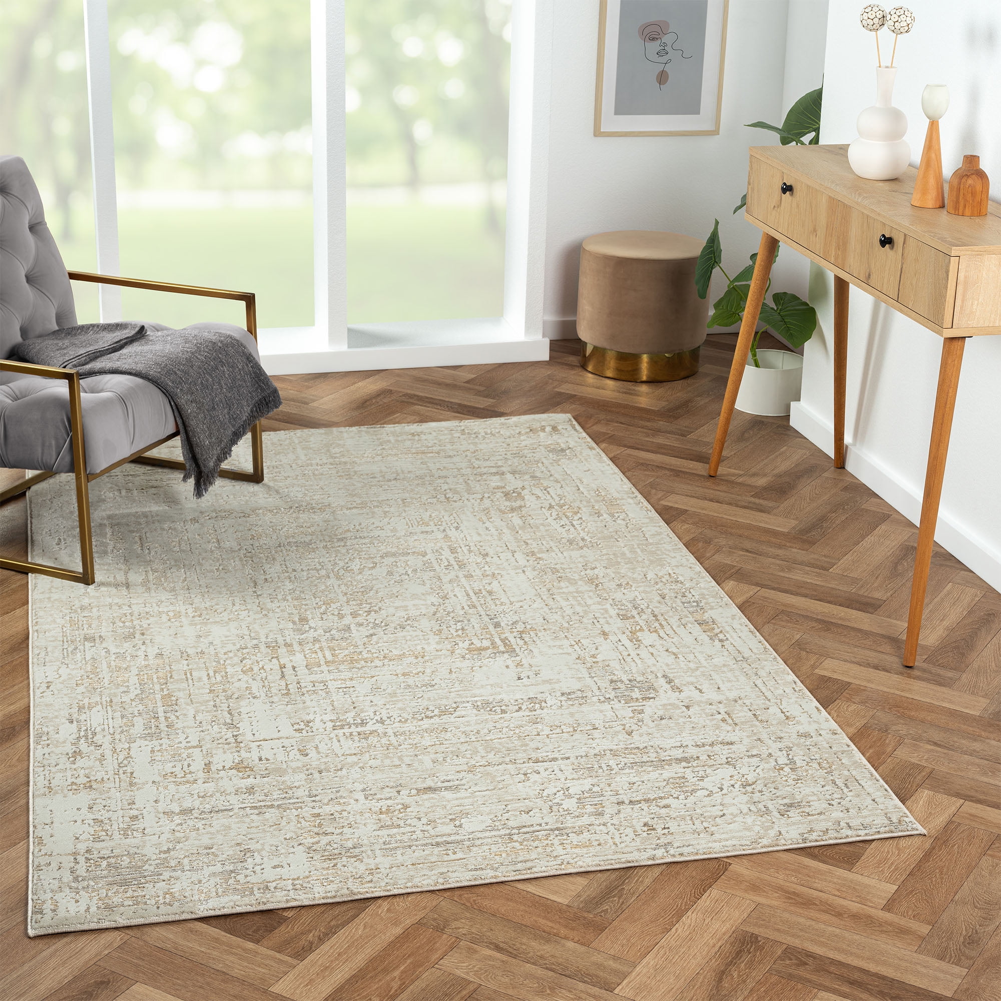 Sydney Gray and Beige Synthetic Rectangular 4' x 6' Area Rug