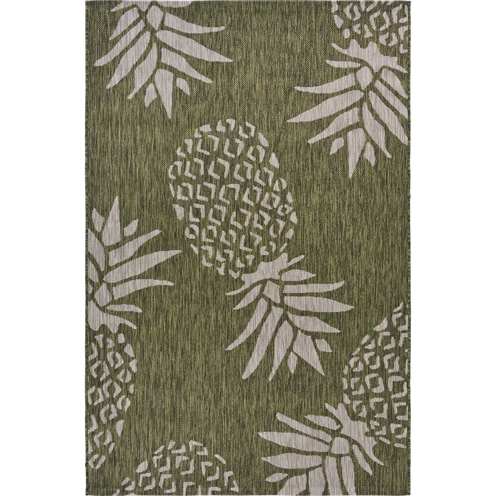 Green and Beige Pineapple Pattern Synthetic Indoor/Outdoor Rug