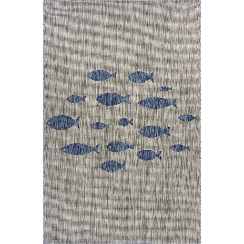 Gray and Blue Fish Pattern Stain-Resistant Synthetic 5' x 7' Area Rug