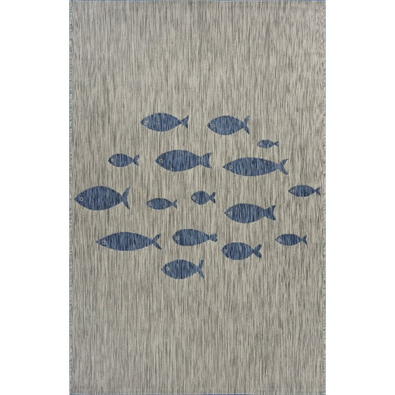 LR Home Camila 7'9" x 9'9", Gray/Blue Fish Fade, Stain, and Moisture Resistant Indoor/Outdoor Area Rug