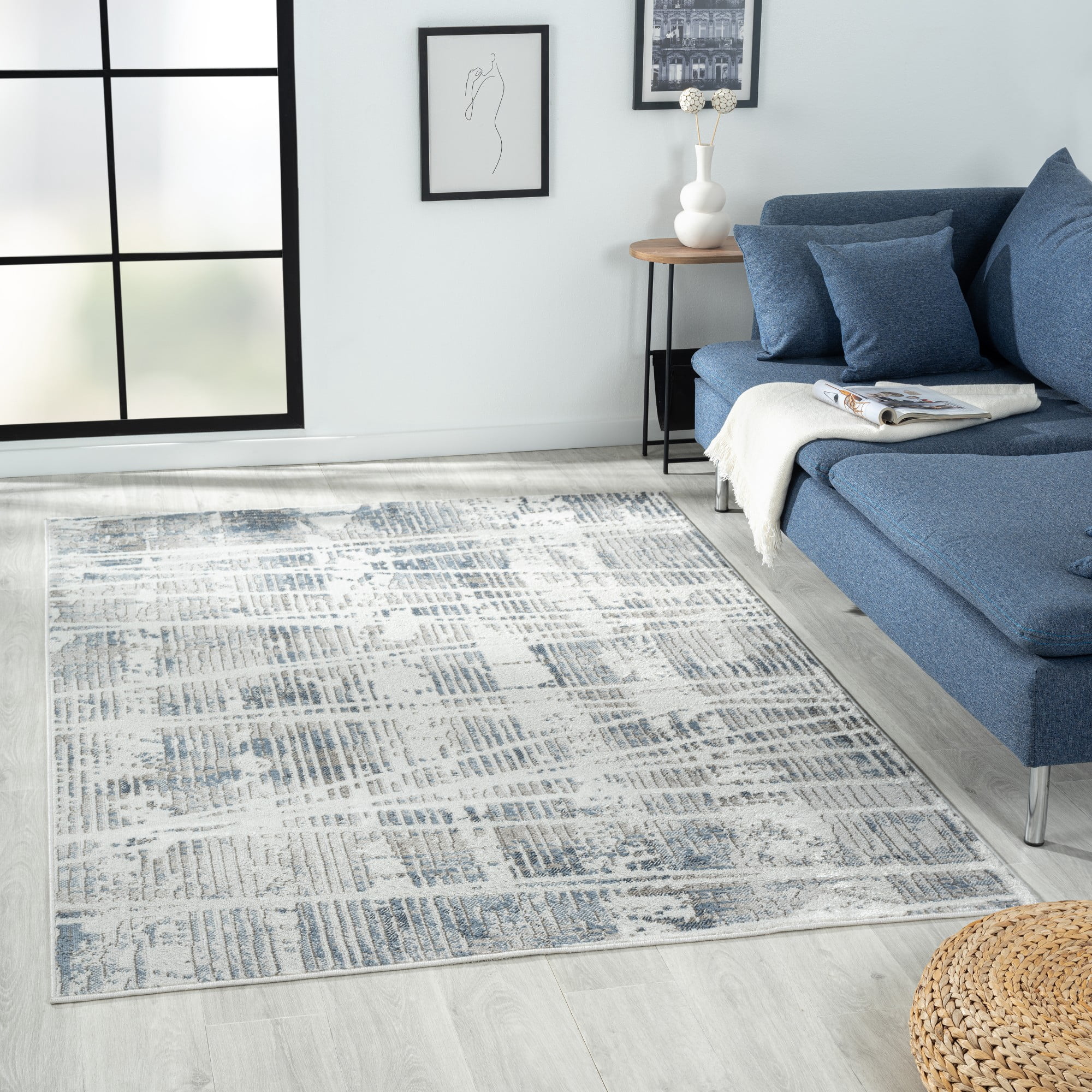 Laddha Home Designs 7.75' x 9.75' Geometric Abstract Area Throw Rug - Blue and Cream
