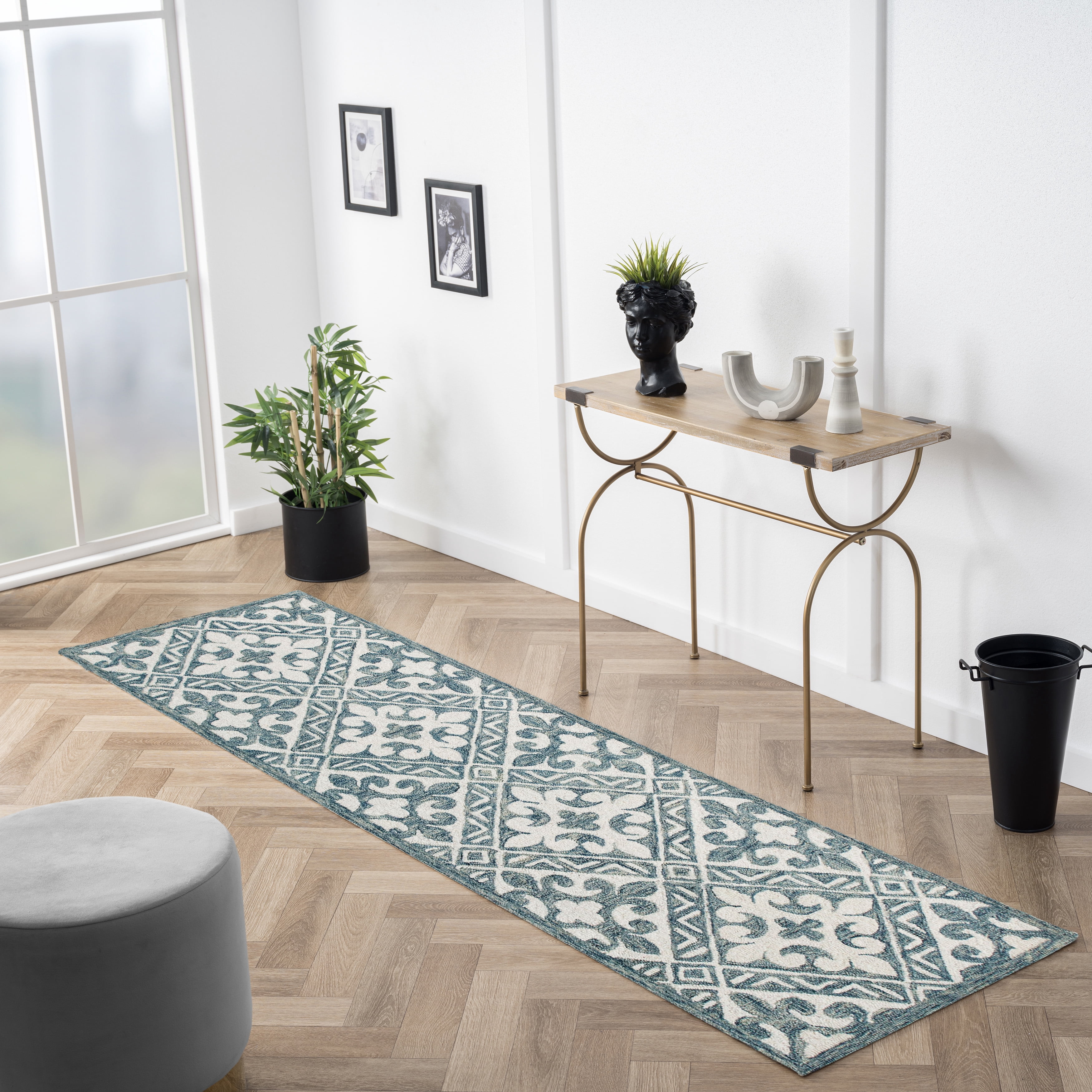 LR Home Cassie Deen Bohemian Floral Indoor Natural Wool Indigo Area Rug, 2'3" x 6'9" Runner