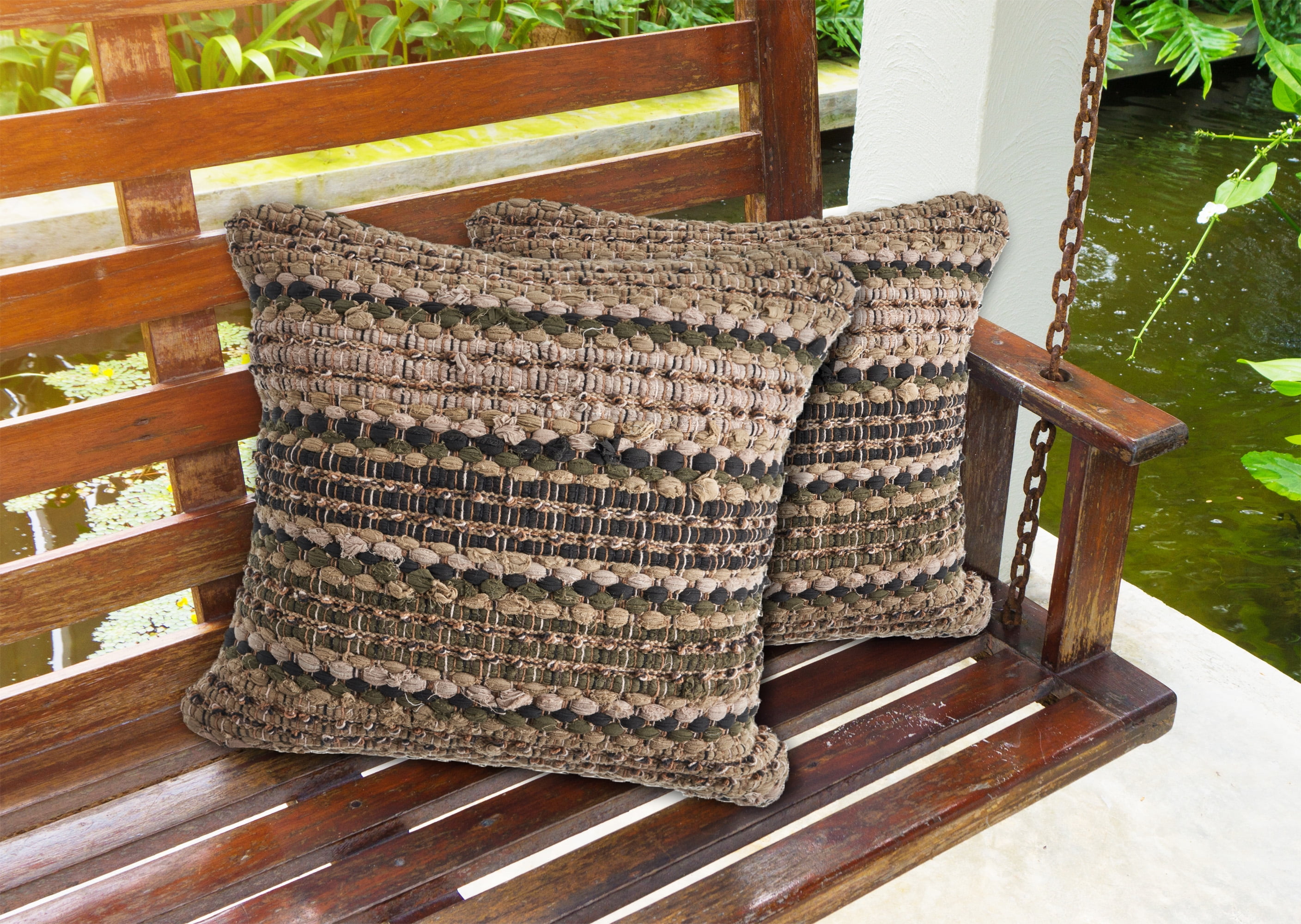 Laddha Home Designs Hand Woven Striped Square Throw Pillow - 18" - Beige and Brown - Set of 2
