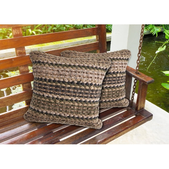 Laddha Home Designs Hand Woven Striped Square Throw Pillow - 18" - Beige and Brown - Set of 2
