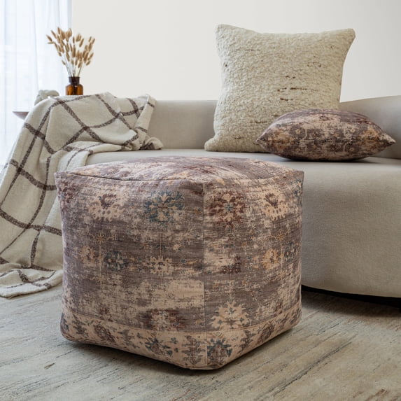 LR Home Charleston Taupe Floral Medium Square Indoor Pouf, 18"H x 18"W