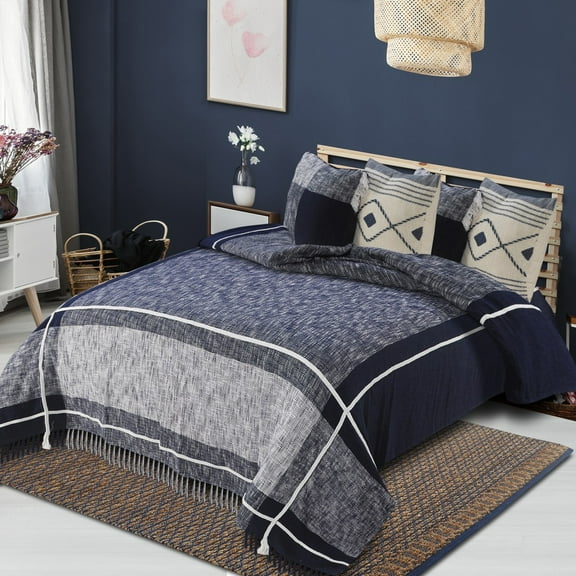 LR Home Checkered Cotton Woven Washable/Lightweight Coverlets, King, Blue