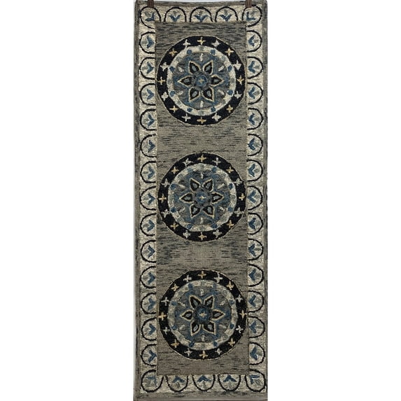 LR Home Clio 2'3" x 6'9" Gray/Black Medallion Wool Indoor Runner Area Rug