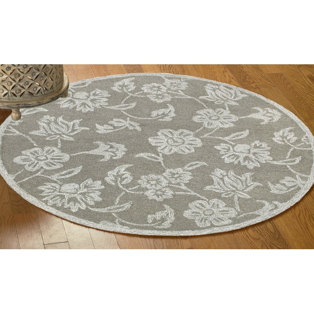 LR Home Clio 3' Round Gray/Ivory Floral Handmade Wool Indoor Area Rug