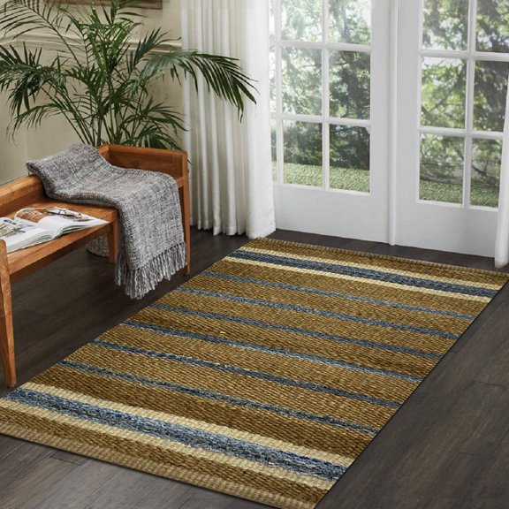 LR Home Clio 5' x 7' Tan/Blue Striped Durable Indoor Area Rug