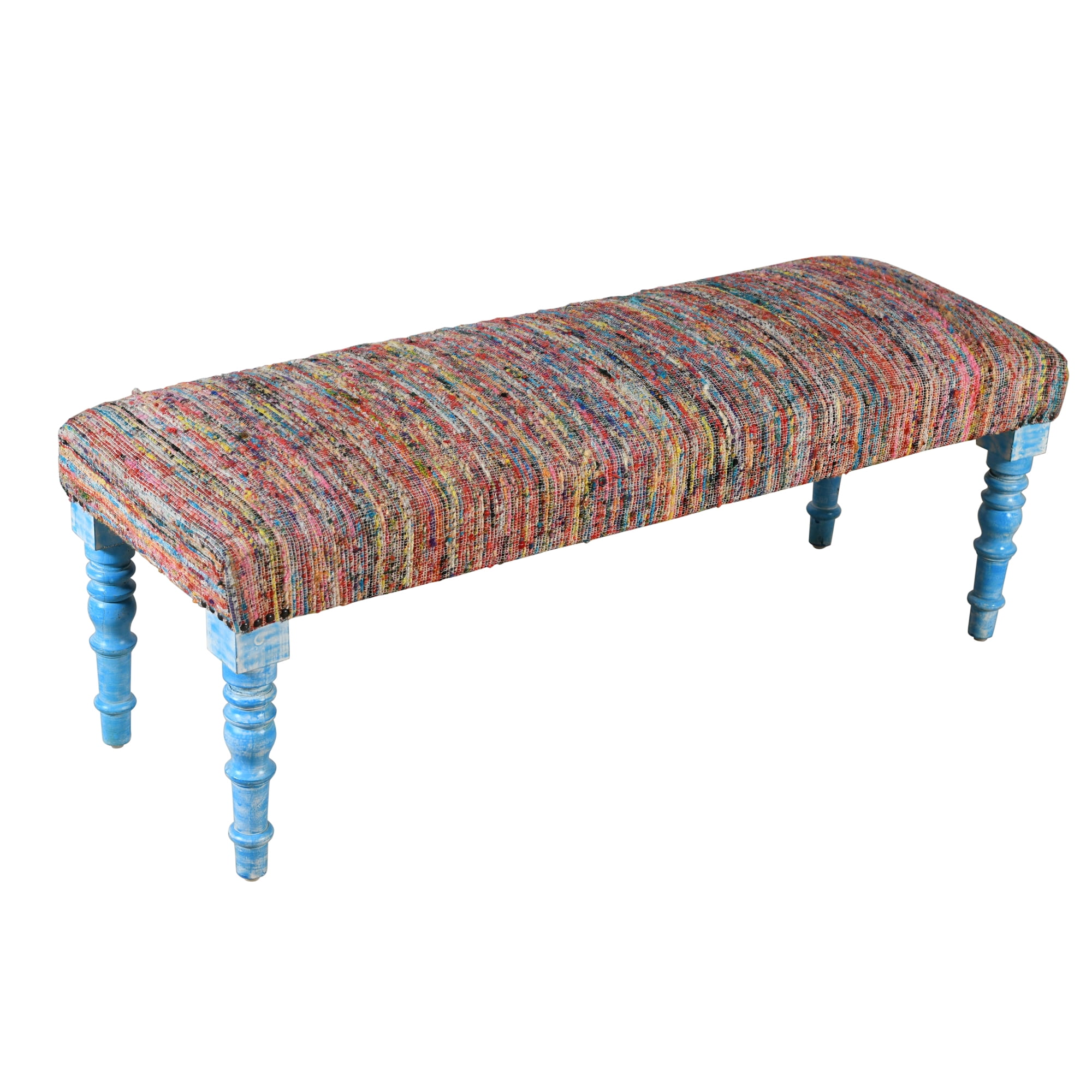 Colorful Chindi 47" Bench with Storage and Blue Legs