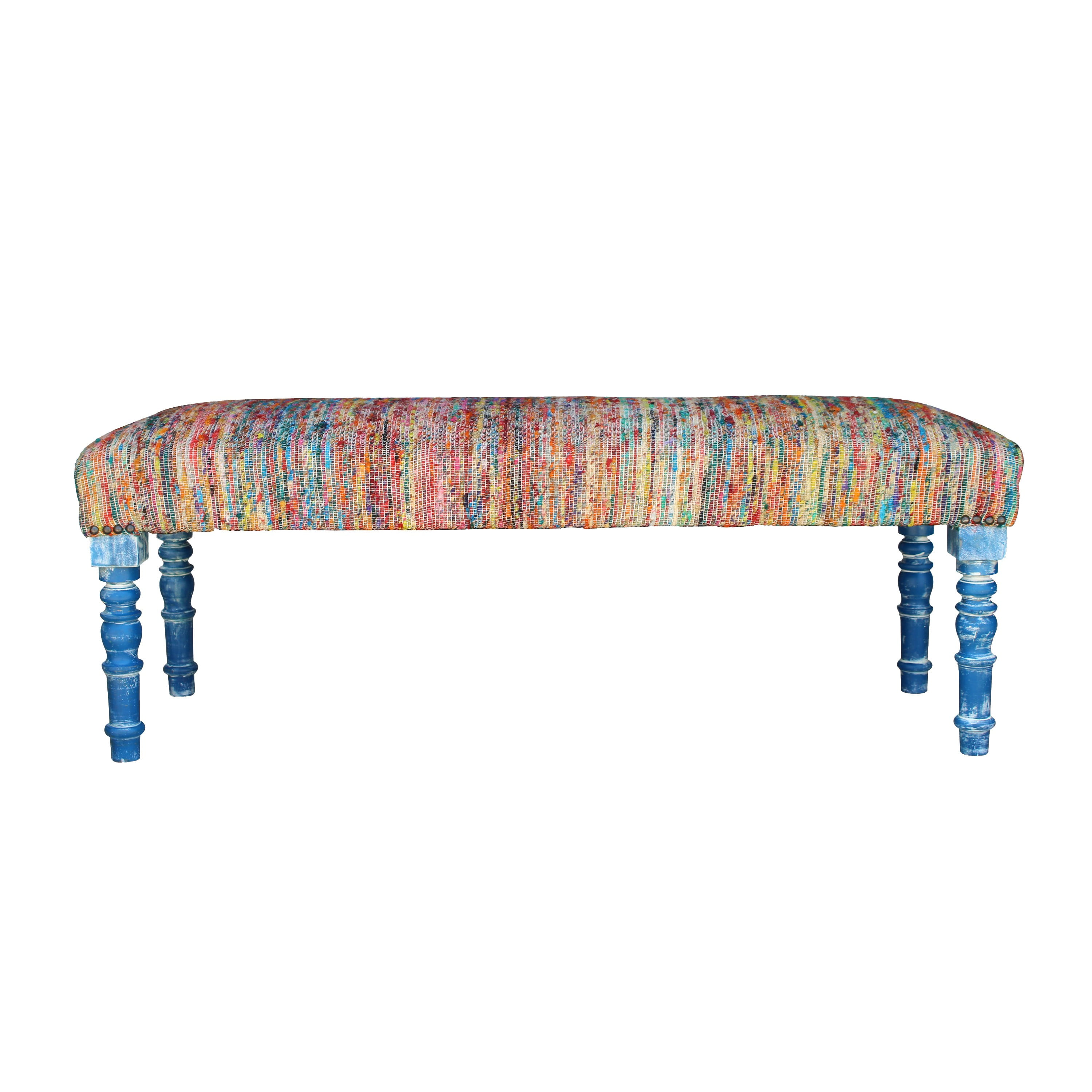 Colorful Chindi 47" Bench with Storage and Blue Legs
