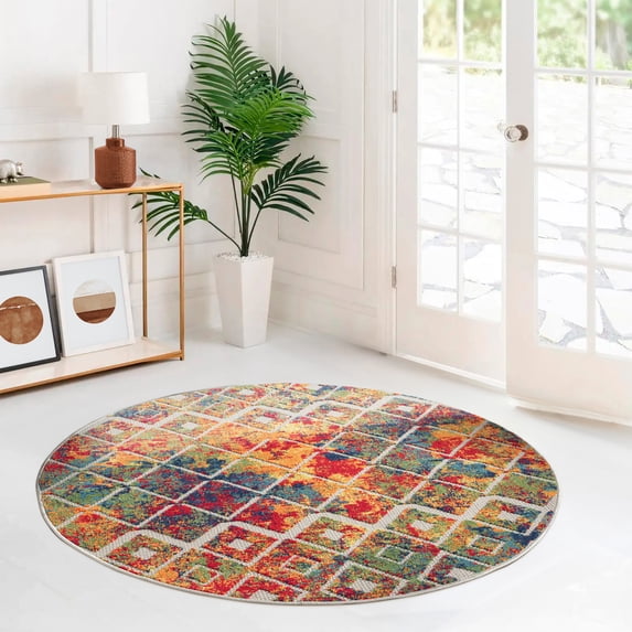 Laddha Home Designs 5.25' Eclectic Geometric Round Outdoor Area Throw Rug - Multicolor