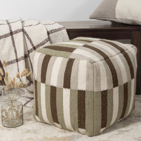 Laddha Home Designs Hand Woven Geometric Square Medium Pouf Ottoman - 18" - Cream and Brown