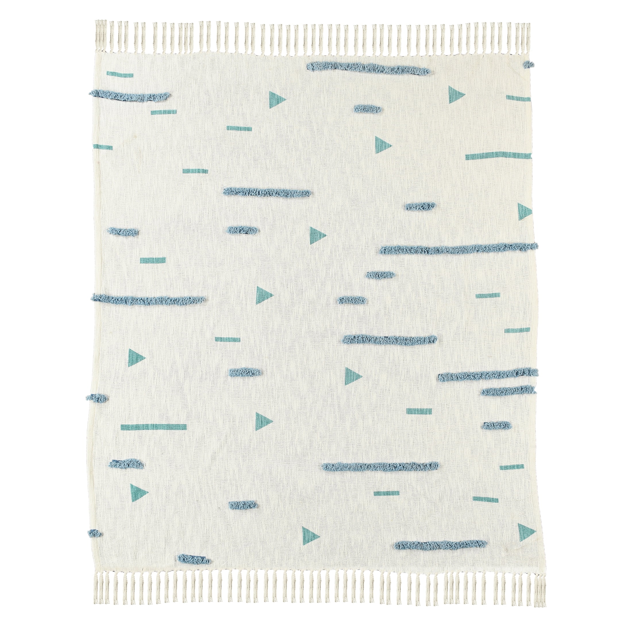 LR Home Cream/Blue Embroidered Geometric Adult Cotton Throw Blanket, 50" x 60"