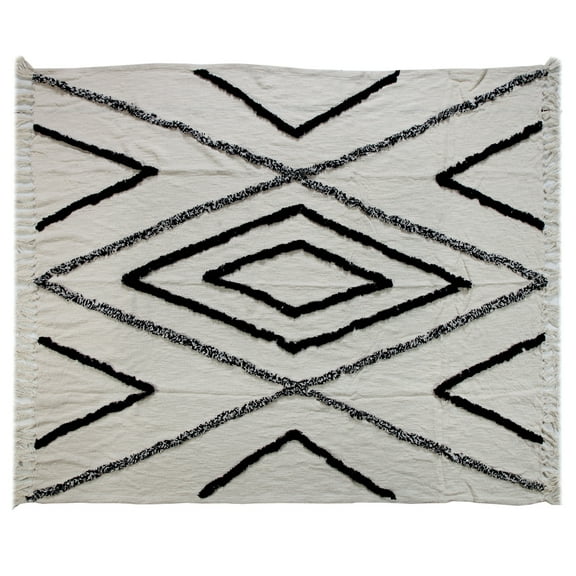 LR Home Daney Aztec Geometric Fringed Decorative Cotton Throw Blanket, Natural & Navy, 50" x 60"