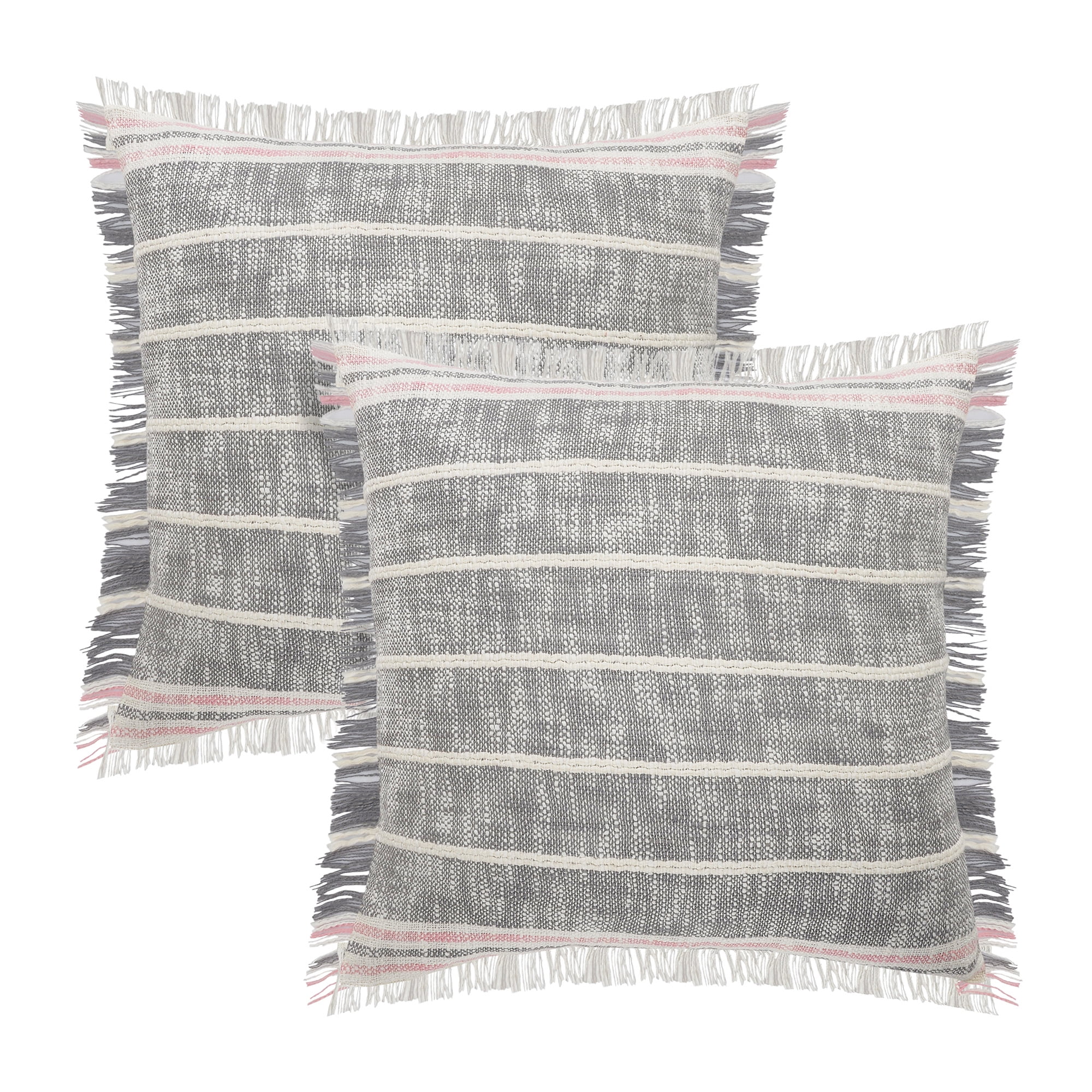 LR Home Danny Striped Transitional Cotton Throw Pillows, Gray/Pink, 20" x 20", Set of 2