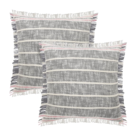 LR Home Danny Striped Transitional Cotton Throw Pillows, Gray/Pink, 20" x 20", Set of 2