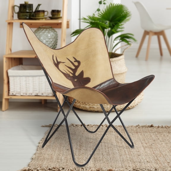 LR Home Deer Silhouette Canvas and Leather Indoor Butterfly Accent Chair, 35" H x 30" W x 30" D, Brown / Cream