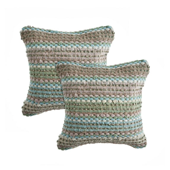 LR Home Drew Set of 2 Boho Striped 18" x 18" Green/Blue Cotton Blend Adult Decorative Throw Pillows