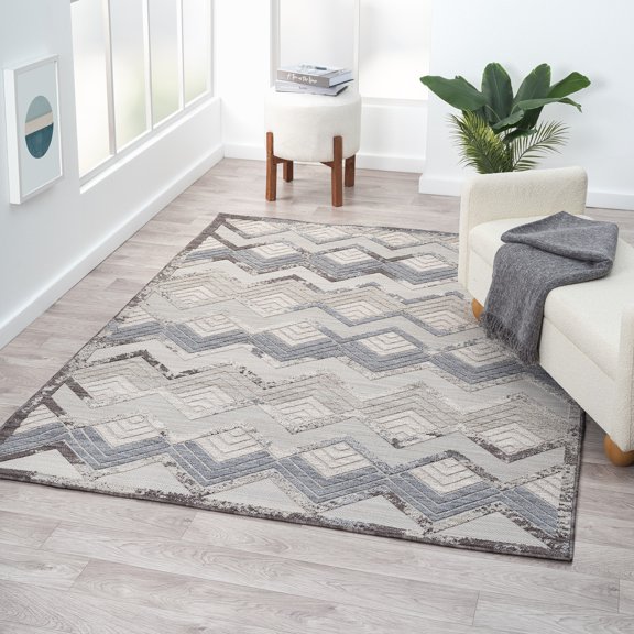 Laddha Home Designs 7.75' x 8.75' Chevron Loomed Indoor Outdoor Area Throw Rug - Blue and Cream
