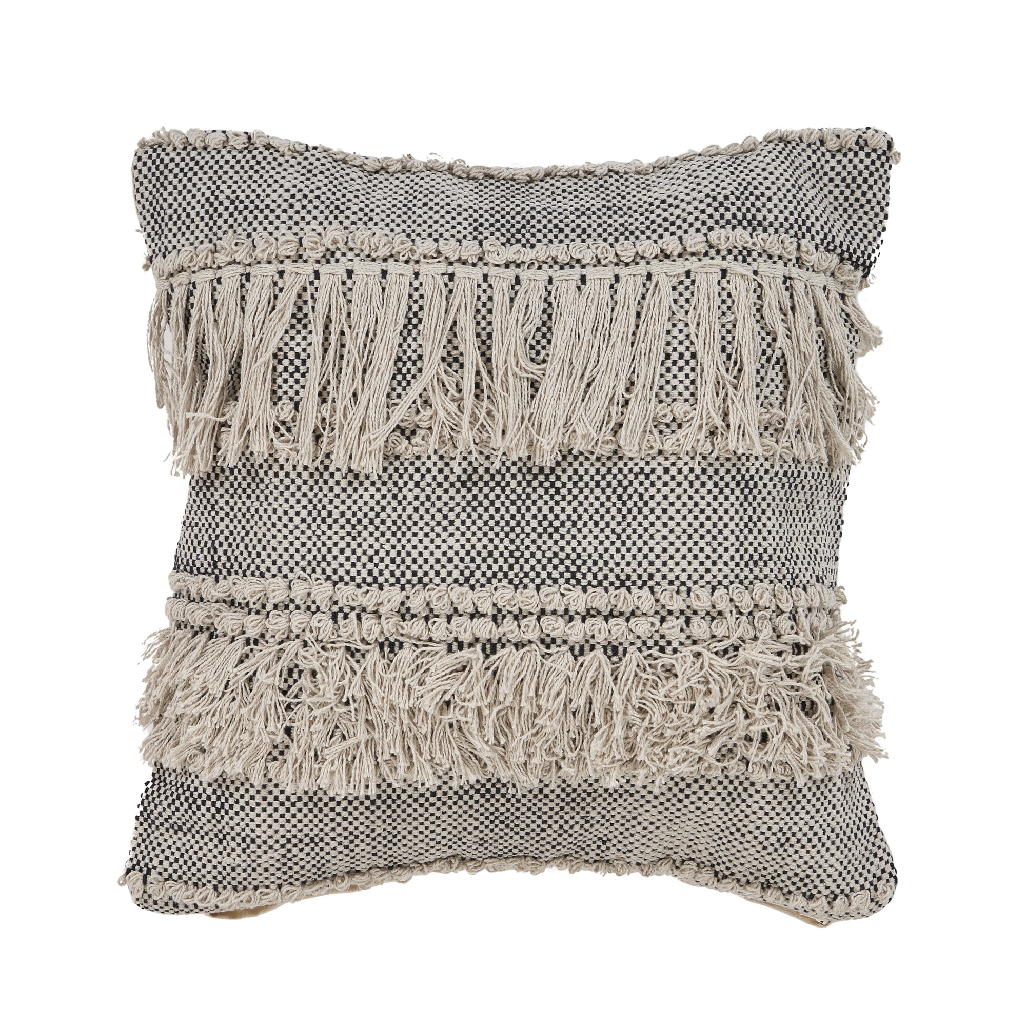 LR Home Elia Natural/Black Striped Cotton Fringed Adult Decorative Throw Pillow Cover