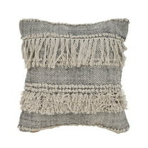 LR Home Elia Natural/Black Striped Cotton Fringed Adult Decorative Throw Pillow Cover