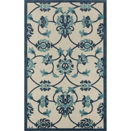 5' Round Ivory And Blue Round Floral Indoor Outdoor Area Rug 5' Round Ivory And Blue Round Floral Indoor Outdoor Area Rug