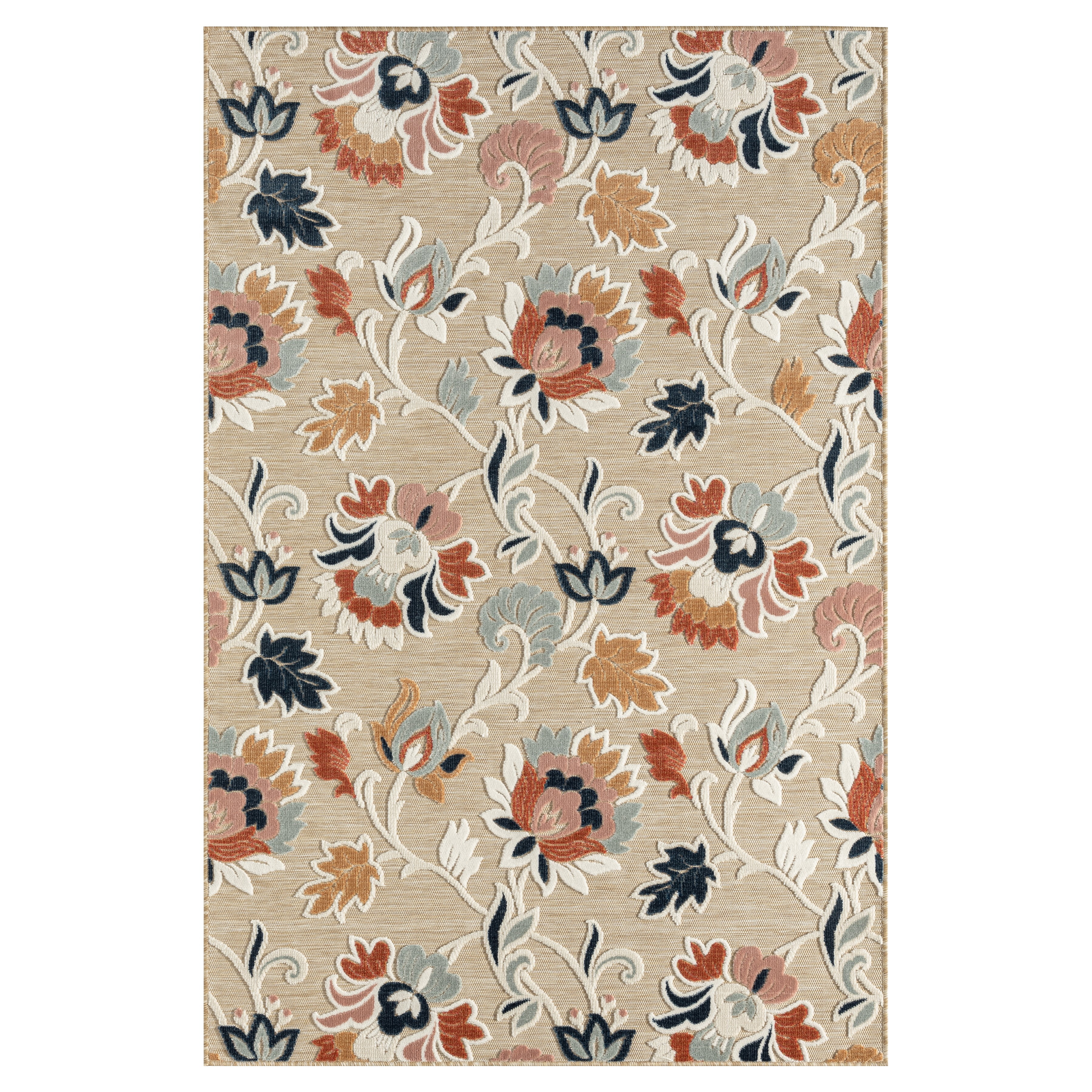 Reversible Blue Floral Filigree 5' x 7' Easy Care Rug