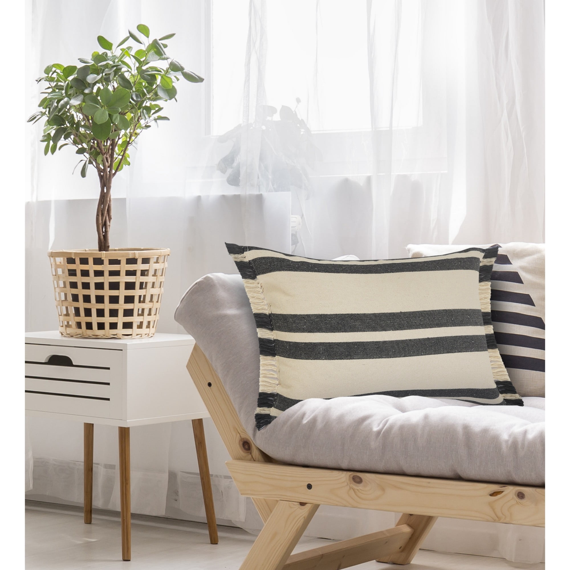 Laddha Home Designs Loomed Double Striped Fringed Lumbar Pillow - 24" - Cream and Gray