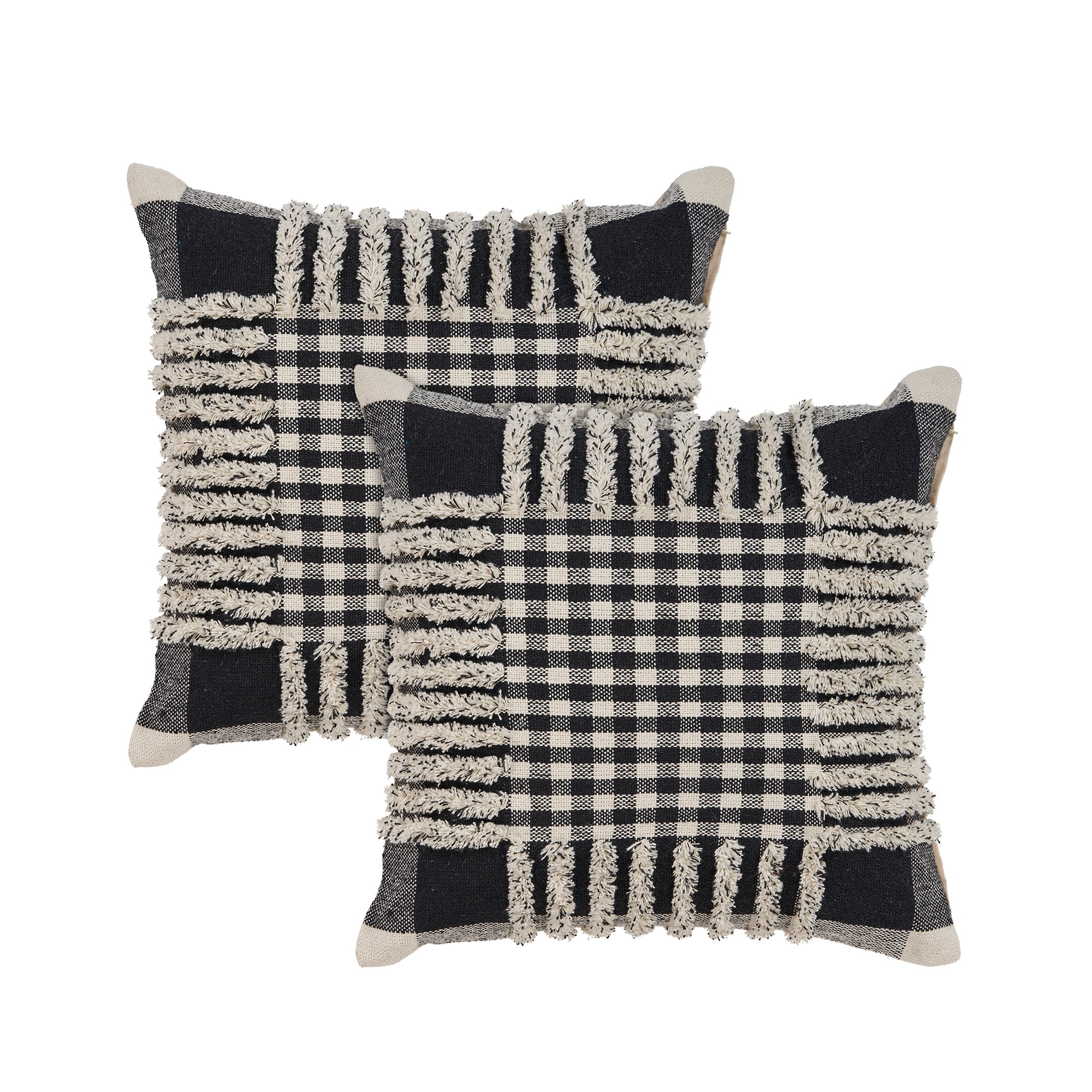 LR Home Elton Plaid Transitional Cotton Throw Pillows, Black/Ivory, 18" x 18", Set of 2