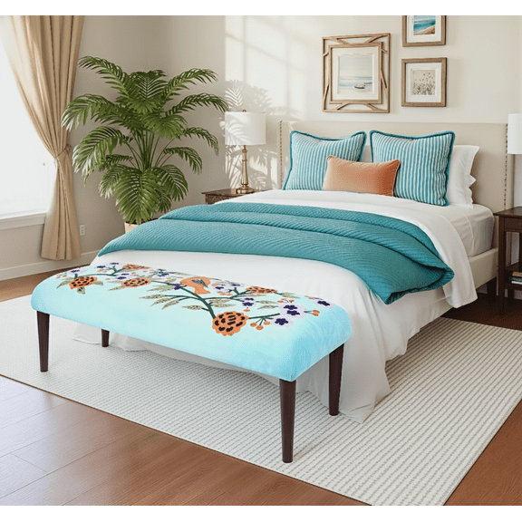 LR Home Embroidered Bird Velvet Upholstered Indoor Accent Bench, Blue/Multi, 16"D x 18"H x 47"W