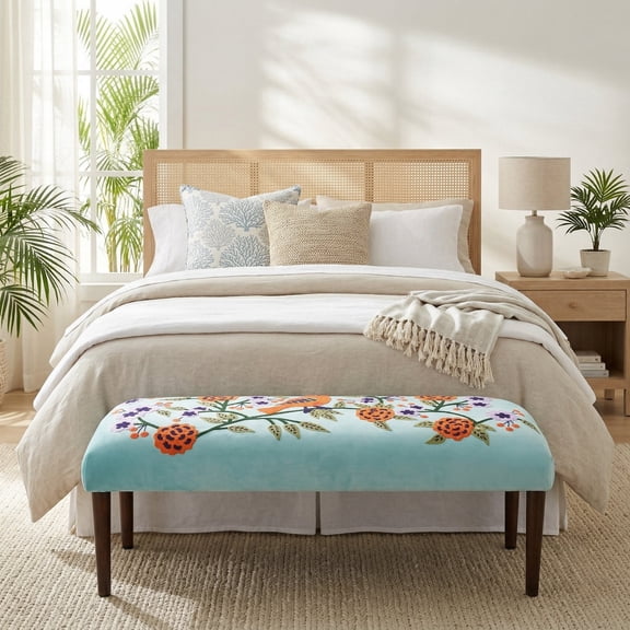 LR Home Embroidered Bird Velvet Upholstered Indoor Accent Bench, Blue/Multi, 16"D x 18"H x 47"W