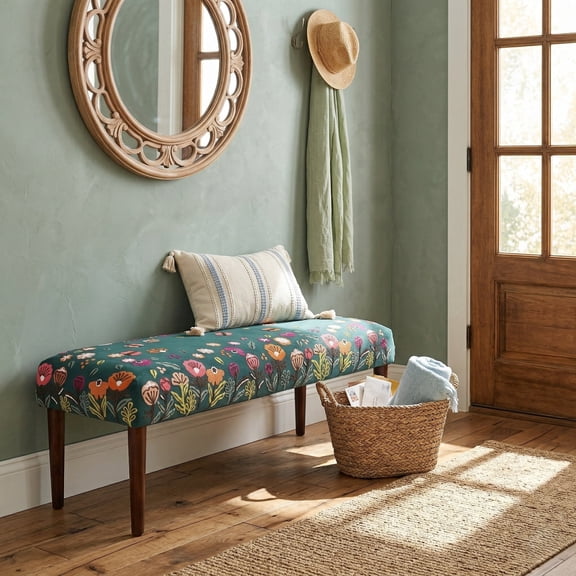 LR Home Embroidered Butterfly Velvet Upholstered Indoor Accent Bench, Green/Multi, 16"D x 18"H x 47"W
