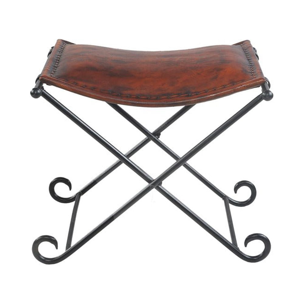 Warm Brown Leather & Black Iron Foldable Accent Stool