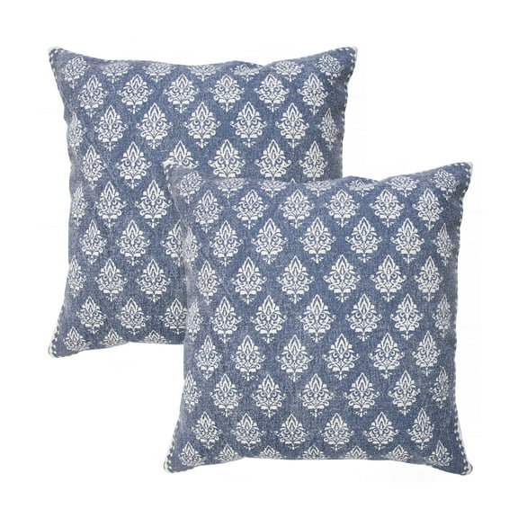LR Home Flora Set of 2 Vintage Blue/White Damask Cotton Adult Decorative Throw Pillow