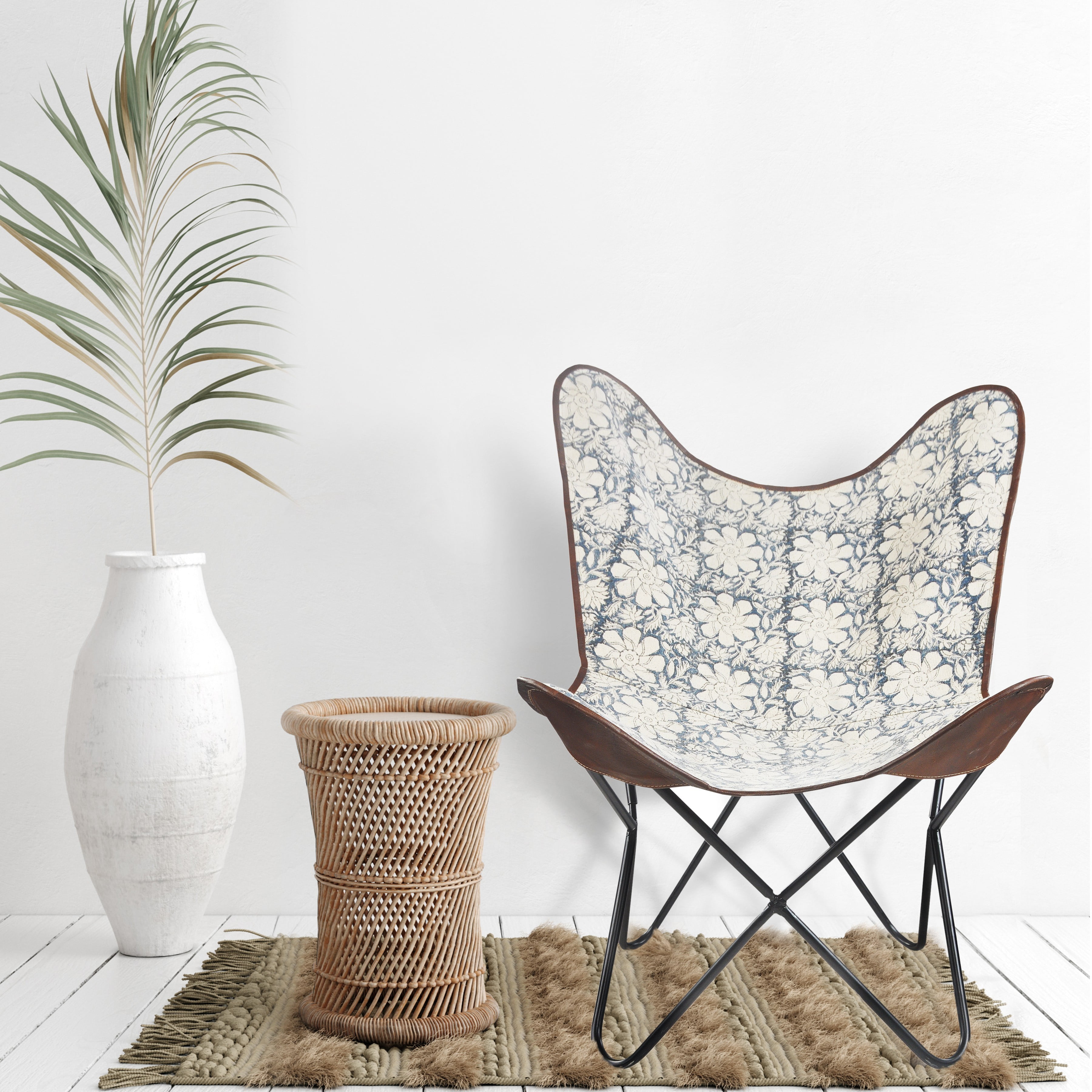 LR Home Floral Canvas and Leather Indoor Butterfly Accent Chair, 35" H x 30" W x 30" D, Blue/White