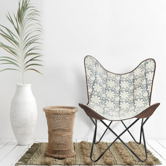 LR Home Floral Canvas and Leather Indoor Butterfly Accent Chair, 35" H x 30" W x 30" D, Blue/White