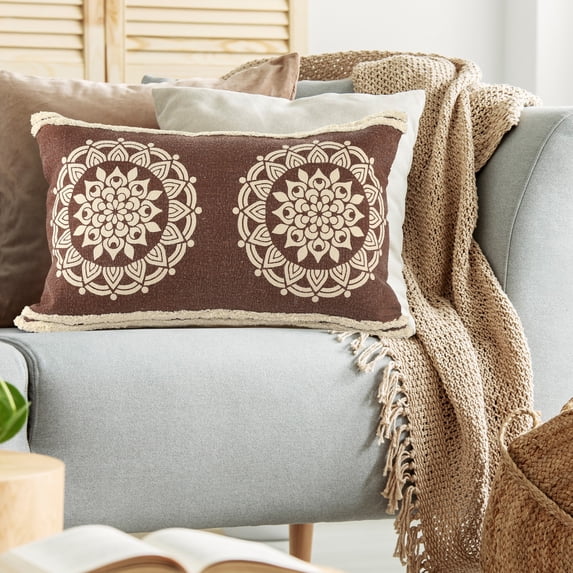 Laddha Home Designs Loomed Floral Medallion Cotton Lumbar Pillow - 24" - Brown and White