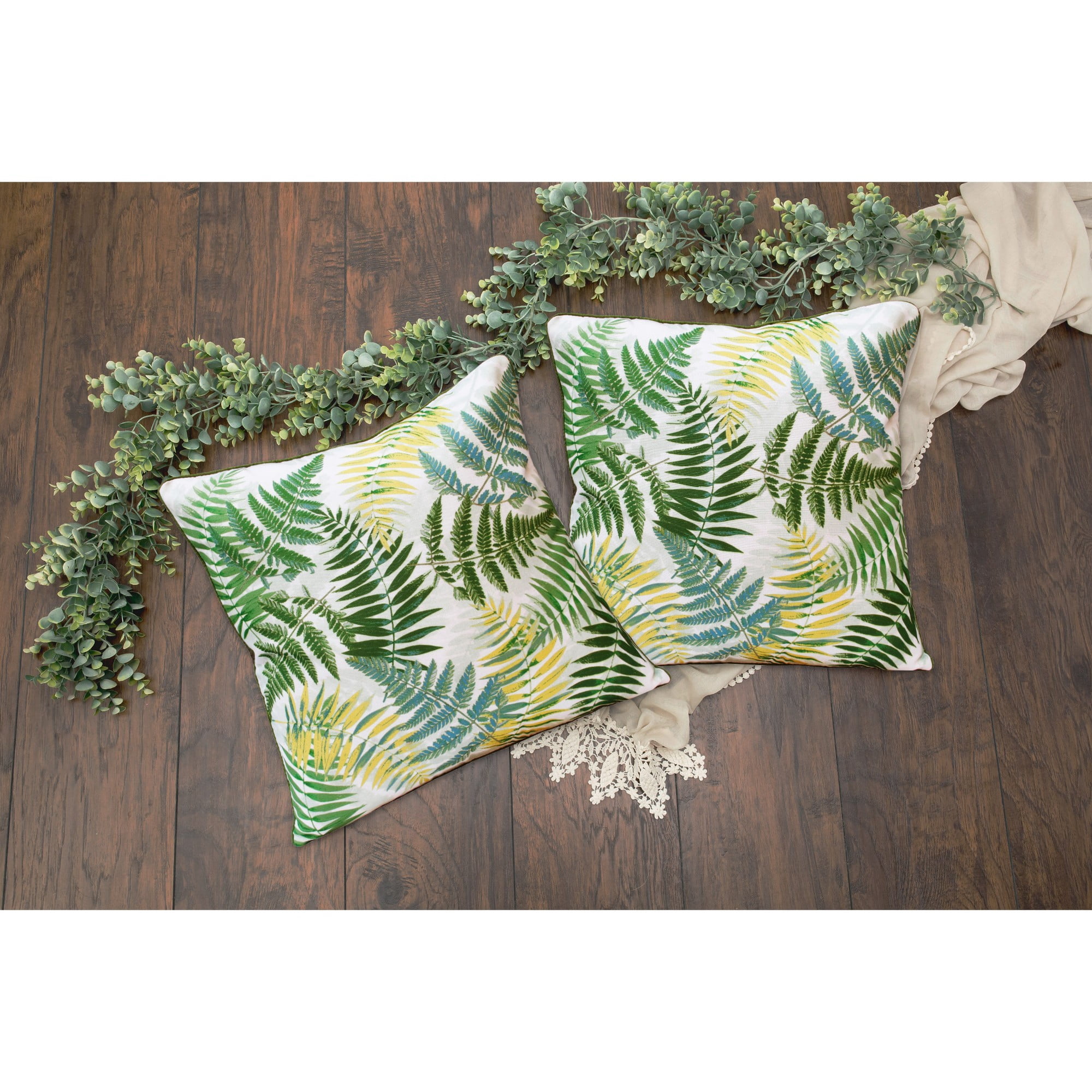 Laddha Home Designs Handwoven Tropical Fern Leaf Floral Throw Pillow - 20" - Green and Yellow - Set
