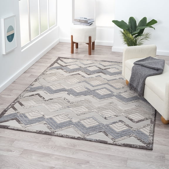 Laddha Home Designs 5' x 7' Chevron Power Loomed Indoor Outdoor Area Throw Rug - Blue and Cream