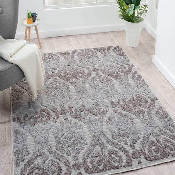 Laddha Home Designs 7.75' x 8.75' Damask Ikat Power Loomed Indoor Outdoor Area Throw Rug - Blue and