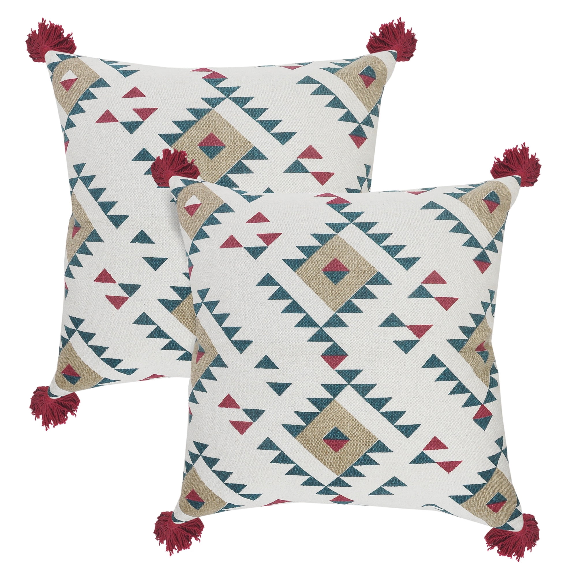 Gemma Multicolor Cotton Geometric Throw Pillows with Tassels, 20" x 20", Set of 2