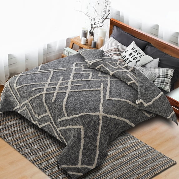 LR Home Geometric Cotton Tufted Washable/Lightweight Coverlets, King, Gray