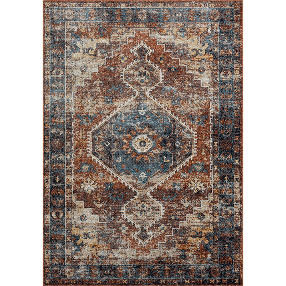 LR Home Han 5' x 7' Blue/Red Medallion Machine Washable Indoor Area Rug