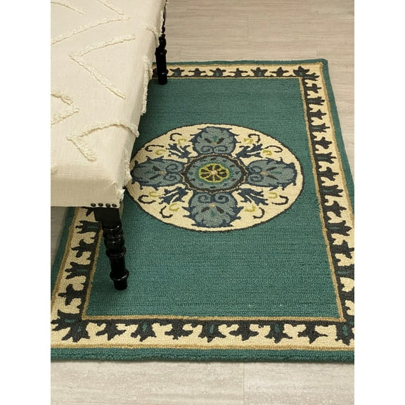 LR Home Hand Hooked 3 ft. x 5 ft. Teal and Cream Floral Bordered Medallion Wool Area Rug