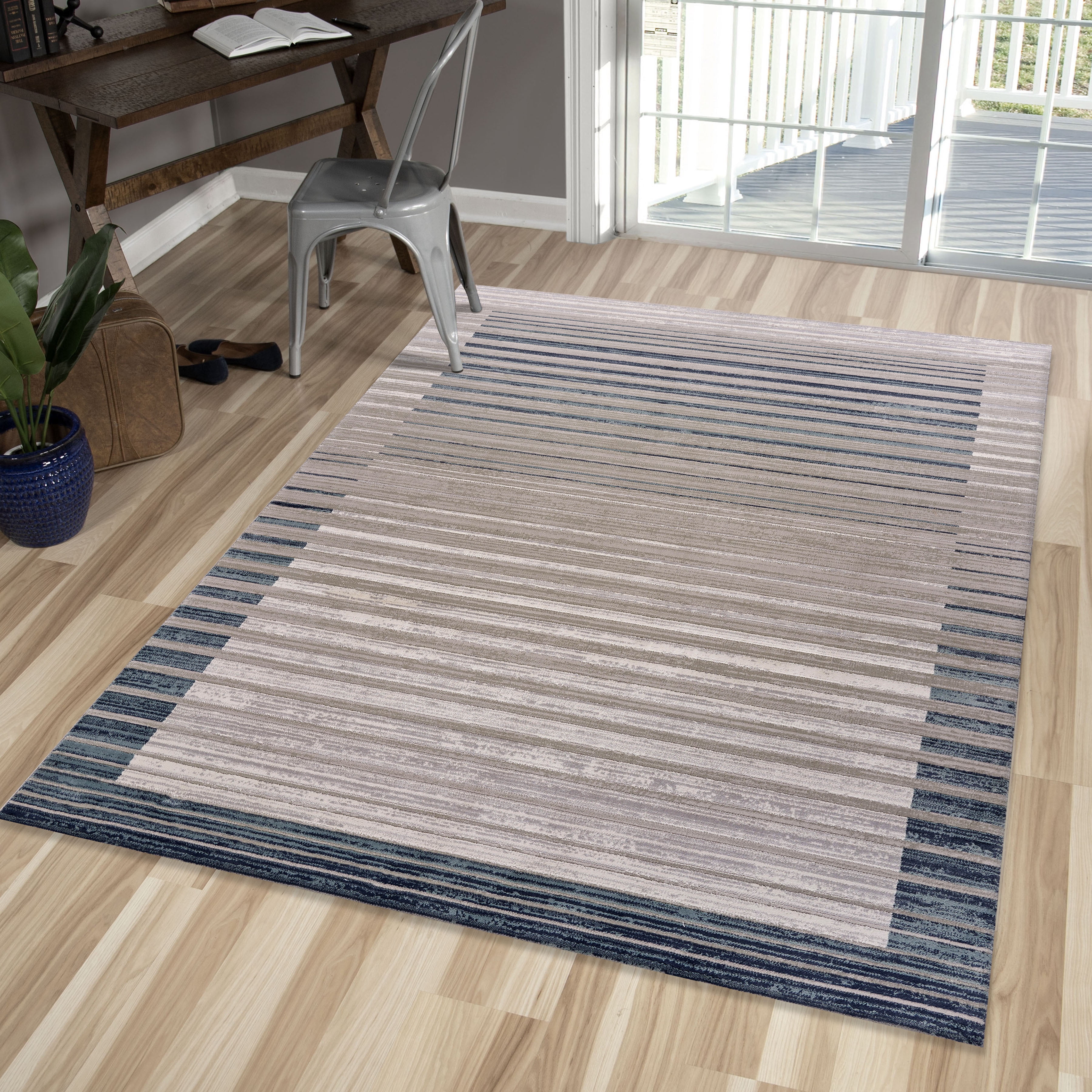 LR Home Imara Fran Cream/Blue Transitional Bordered Polyester Area Rug, 1'10" x 3'