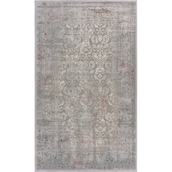 LR Home Imara Amety Gray/Red Traditional Damask Polyester Area Rug, 5'3" x 7'6"