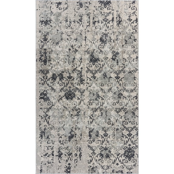 LR Home Imara Blake Cream/Black Traditional Damask Polyester Area Rug, 5'3" x 7'6"