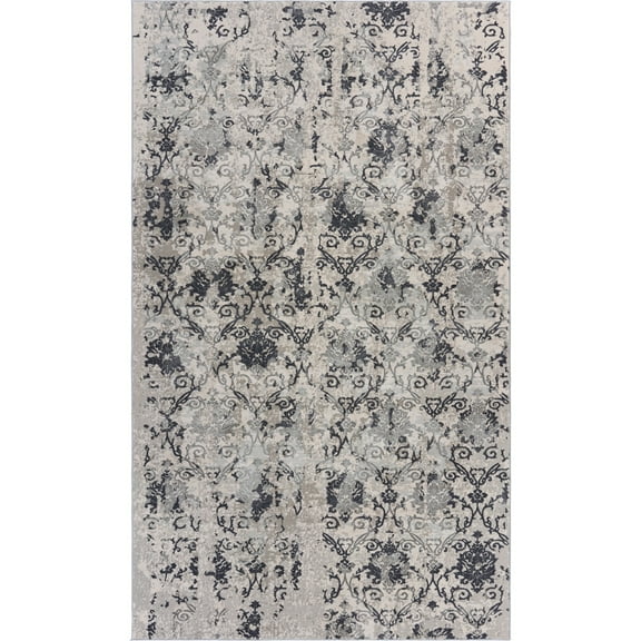 LR Home Imara Blake Cream/Black Traditional Damask Polyester Area Rug, 9'6" x 13'